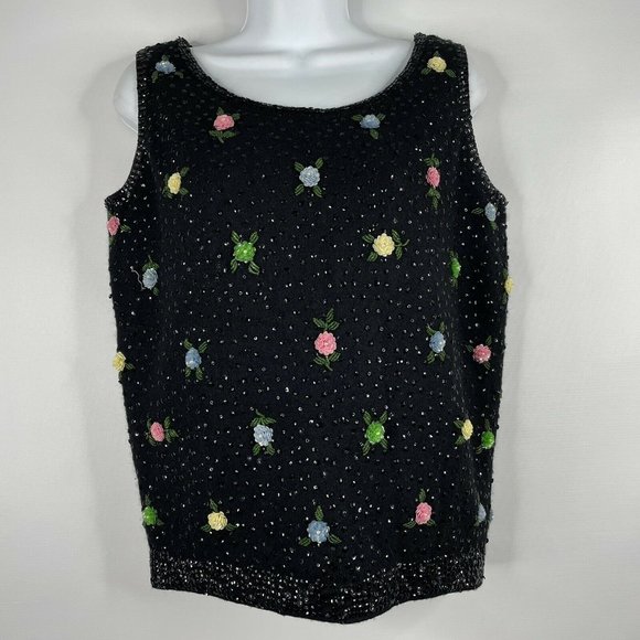 Vintage 50s Black Wool Angora Hand Beaded Sequined Rosettes Sleeveless S… - Picture 1 of 8